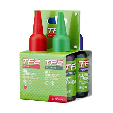 PACK LUBRIFIANT VELO WELDTITE TF2 POUR CHAINE (4 BURETTES DE 50ml) - 1 POUR CONDITIONS SECHES- 1 POUR CONDITIONS HUMIDES - 1 POUR TOUTES CONDITIONS - 1 POUR ULTRA SEC 5013863030614