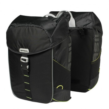 DOUBLE BAG FOR BICYCLE -REAR- BASIL MILES WATERPROOF 32L BLACK/FLUO YELLOW STRIPES (PAIR) (44x14x30cm)- COMPATIBLE MIK SYSTEM. 8715019177514