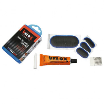 REPAIR KIT - FOR BICYCLE TUBELESS TYRE - MTB VELOX "FROM INSIDE"REPÄIR WITH PATCHES - IN BOX (3 PATCHS 32x16mm + 1 PATCH 75x35mm + GLUE 10g + STEEL SCRAPPER) WITH INSTRUCTIONS 3660429142025