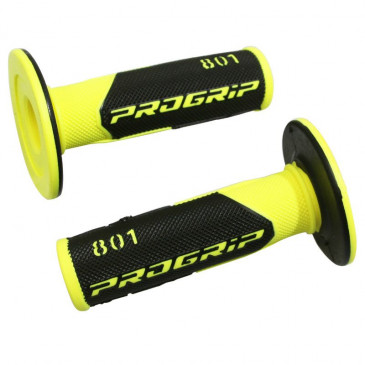 REVETEMENT POIGNEE PROGRIP MOTO OFF ROAD 801 DOUBLE DENSITE FLUO DESIGN JAUNE FLUO/NOIR CLOSED END 115mm (CROSS/MX) (PAIRE) 0801766065537