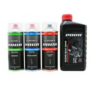 KIT MAINTENANCE/ENTRETIEN VOCA (LUBRIFIANT CHAINE + NETTOYANT FREIN + HUILE DE TRANSMISSION 10W40 + BOMBE PEINTURE VERNIS HAUTE TEMPERATURE) 3700948184530