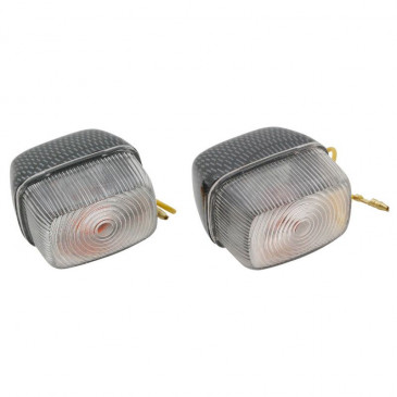 TURN SIGNAL FOR SCOOT MBK 50 BOOSTER 1990>2003/YAMAHA 50 BWS 1990>2003 - FRONT - TRANSPARENT/CARBON (PAIR) * -REPLAY- 3700948032077