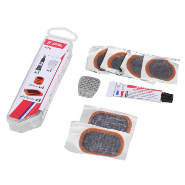 KIT REPARATION PNEU TUBELESS VTT ZEFAL PAR L INTERIEUR AVEC RUSTINES BOITE 4 PATCHS 33mm 2 PATCHS 50x30mm COLLE 5g RAPE ACIER AVEC NOTICE 3420581131509 P2R