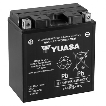 BATTERIE 12V 18 Ah YTX20CH-BS YUASA MF SANS ENTRETIEN HAUTE PERFORMANCE AVEC PACK ACIDE (Lg150xL87xH161mm) 5050694010613