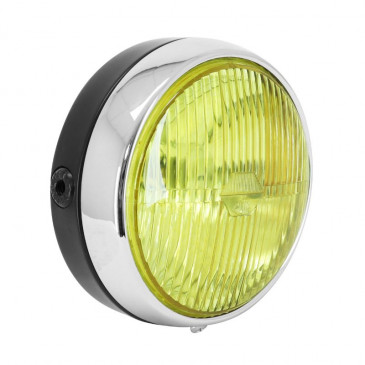 HEADLIGHT FOR MOPED - UNIVERSAL ROUND SHAPED - BLACK/CHROME/YELLOW LENS Ø 140 mm (BULB BA20D). -SELECTION P2R- 3701213420766