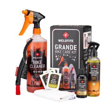 PACK NETTOYANT VELO WELDTITE BIKE CARE GRANDE POUR CADRE CARBONE ET PEINT - CONTIENT 1 BIKE CLEANER 1l, 1 DEGRAISSANT 250ml, 4 NETTOYANTS DISQUE, 1 LUBRIFIANT CERAMIQUE, 1 LINGETTE ET 1 BROSSE 5013863031062