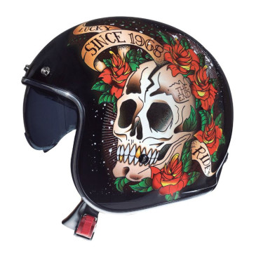 CASQUE JET MT LE MANS 2 SV SKULL & ROSES A1 NOIR BRILLANT S SIMPLE ECRAN TRANSPARENT (LIVRE AVEC UN ECRAN SUPPLEMENTAIRE DARK (ECE 22.06) 8434639179295