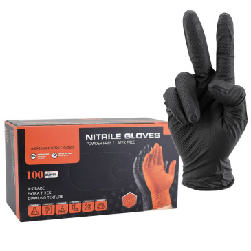 GANTS ATELIER NITRILE DIAMOND TEXTURE TYPE ECAILLES DE POISSON RESISTANT AUX PRODUITS CHIMIQUES, AUX HUILES, A L'ESSENCE NOIR HOMOLOGUE CE T7 (S) (BOITE DE 100) 3700948289372