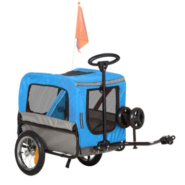 REMORQUE VELO UTILITAIRE MAXI 40Kg COLORI BLEU AVEC ROUES 12" FIXATION AXE DE ROUE ARRIERE - POUR TRANSPORT CHIEN/BAGAGE - 2 OUVERTURES (avant+arrière) + BRAS (L 63cm x l 42cm x h 47cm) 3700948289259