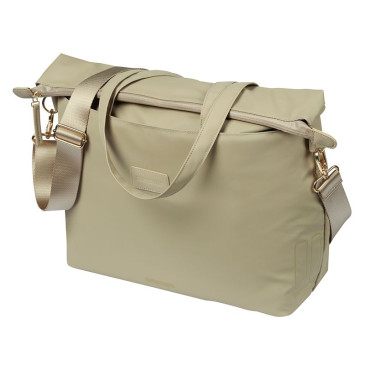 SACOCHE ARRIERE VELO LATERALE BASIL MANHATTAN POUR ORDINATEUR PORTABLE WATERPROOF BEIGE FIXATION HOOK ON SUR PORTE BAGAGE (12x38x30cm) AVEC POIGNEE ET BANDOUILLERE FERMETURE ENROULEMENT 8715019184505