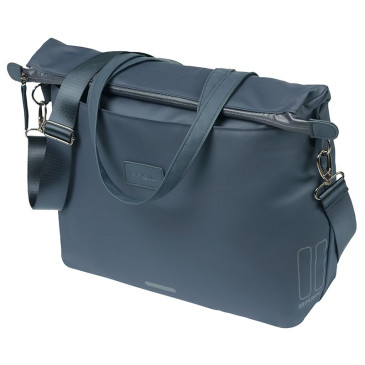 SACOCHE ARRIERE VELO LATERALE SAC ORDINATEUR PORTABLE BASIL MANHATTAN WATERPROOF BLEU MARINE DROIT/GAUCHE 12L FIXATION HOOK ON (12x38x30cm) FERMETURE PLIANT ANTI-PLUIE 8715019184512