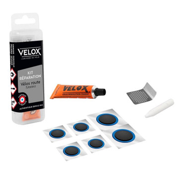 KIT REPARATION PNEU TUBELESS ROUTE VELOX PAR L'INTERIEUR AVEC RUSTINES - BOITE (COLLE 5g + 4 PATCHS 15mm + 2 PATCHS 25mm + 1 RAPE METAL) 3660429142094