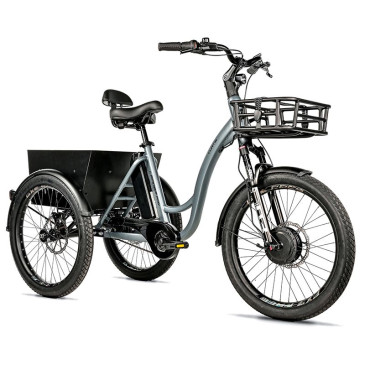 TRICYCLE ELECTRIQUE/VAE CITY LEADER FOX 24" CURTIS 2025 MIXTE GRIS MAT 8V SHIMANO NEXUS MOTEUR ROUE AV BAFANG 36V 45Nm BATTERIE 16,7Ah (LARGEUR HORS TOUT 75cm)